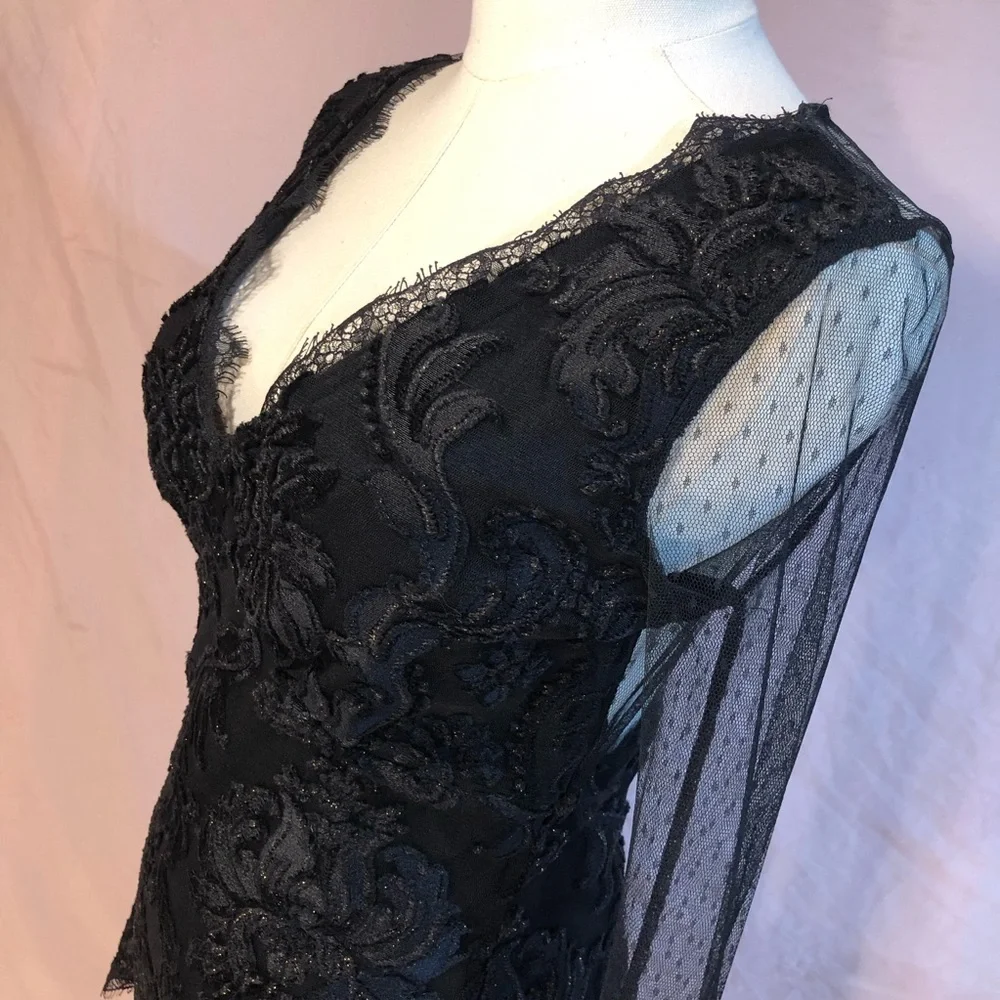 Prom Y2K Formal Black Bell Sleeve Floral Lace Gold Accents Formal Size Small Med - Picture 16 of 17